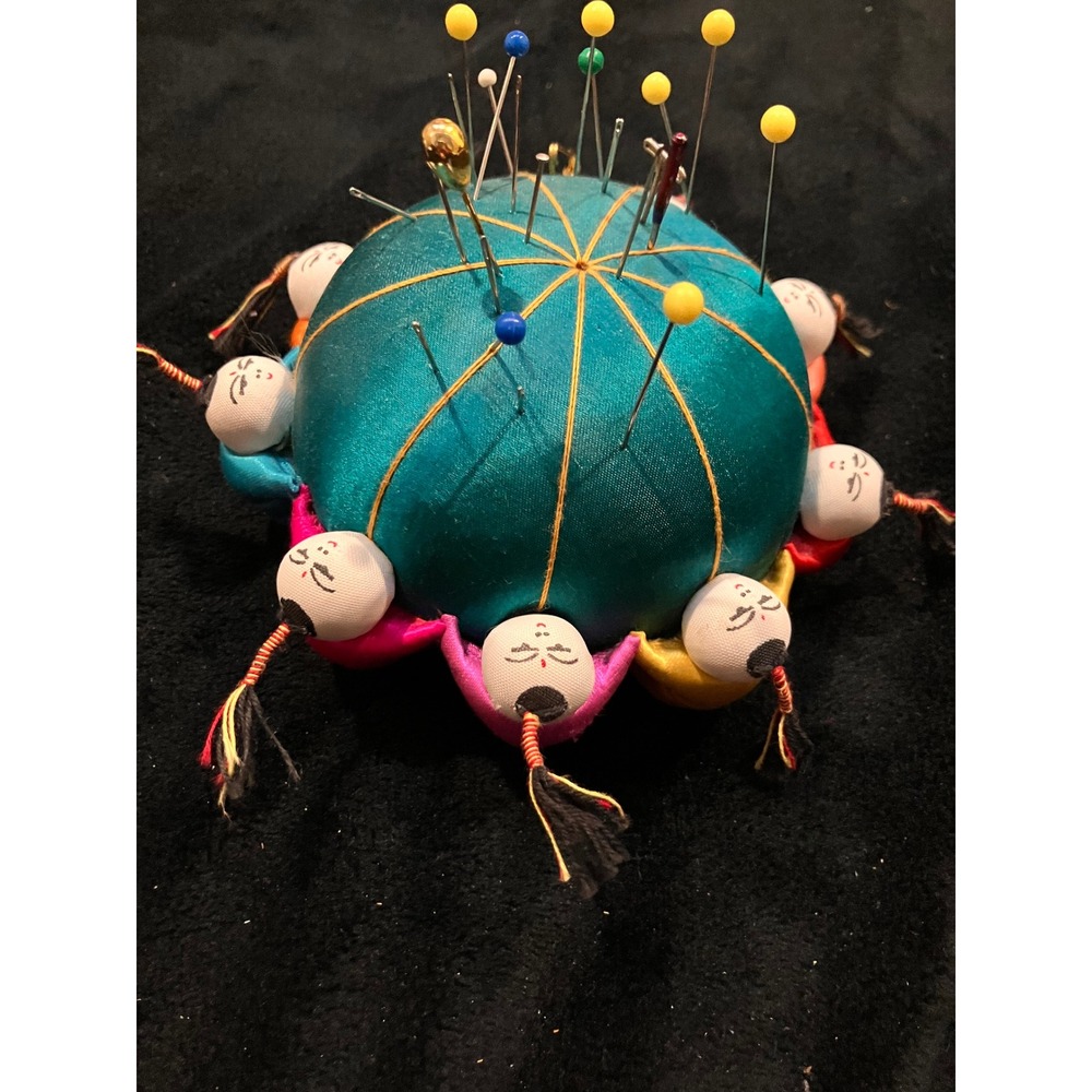 Pincushion Teal Vintage Chinese Silk 10 Children Figures